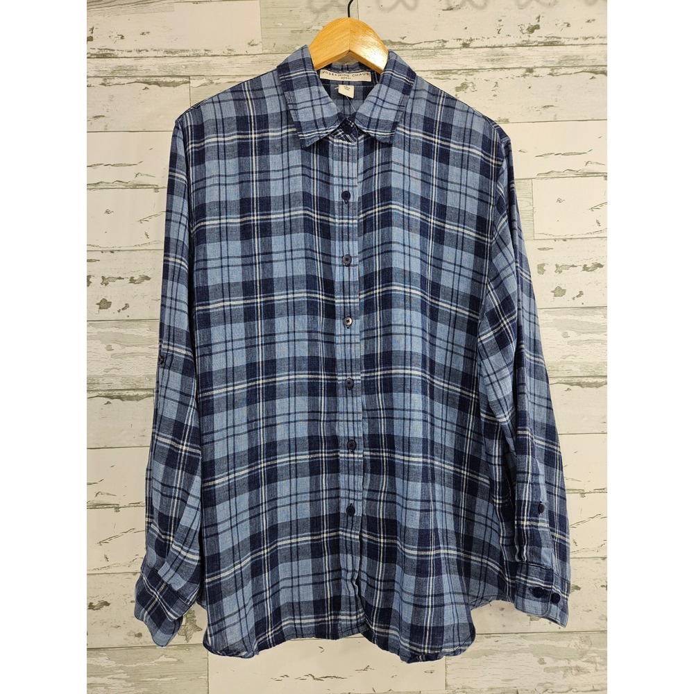 Josephine Chaus Sport Blue Plaid Linen Button Down Shirt Womens Large Roll Tab